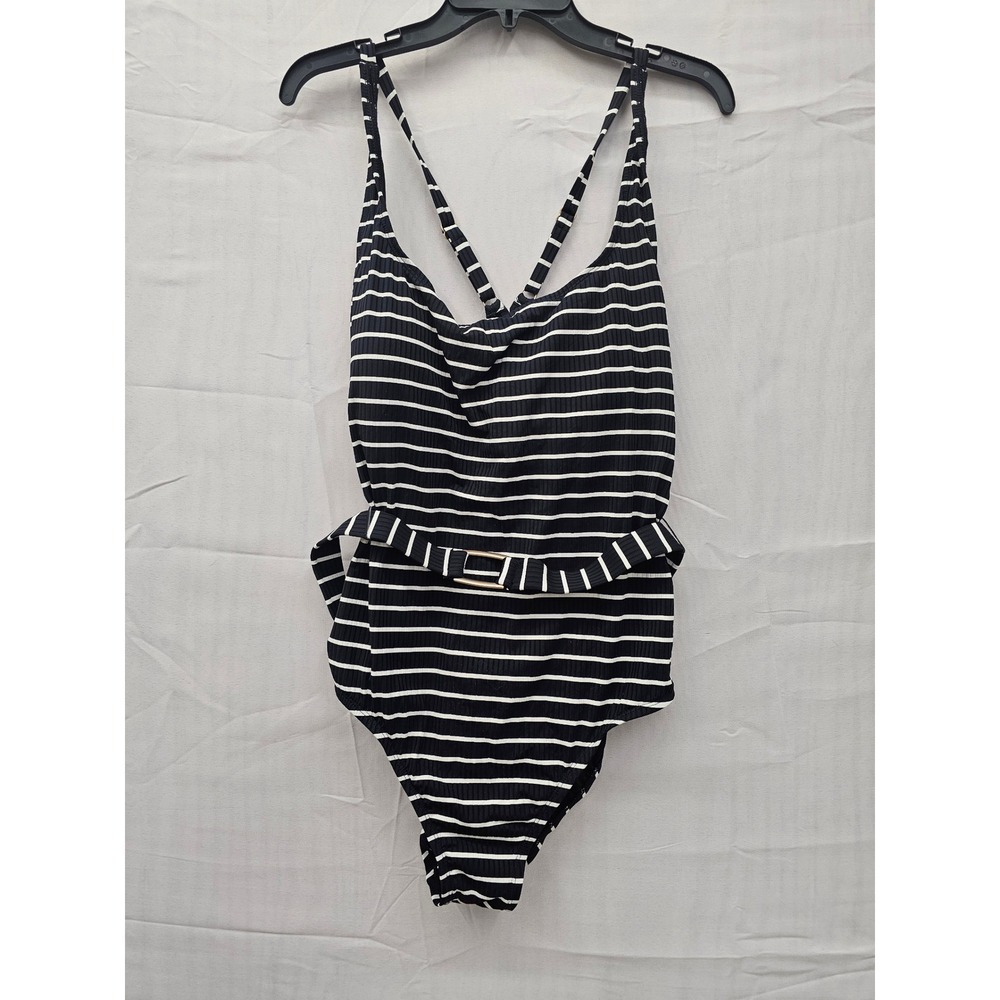 Lands End Womens XL Belted Ribbed One Piece Swimsuit‎ Black White Stripe